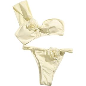 OYOANGLE Women's 2 Piece Swimsuits 3D Flower Ruched One Shoulder Backless Bikini Top and Thong Bathing Suits
