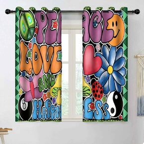 BSPPTI Peace Love Happiness Print Curtain, 70s Theme Aesthetic Room Darkening Thermal Insulated Polyester, Grommets Window Drapes for Bedroom, Living, Dining, 52"x 63", 2 Panels CLZYSP300