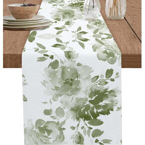 Sage Green Leaves Table Runner-Cotton Linen- 60 Inch Holiday Dresser Scarves, Botanical Watercolor Floral Plant Tablerunner for Kitchen Coffee/Dining Bedroom Home Living Room Dinner Scarf Décor 13x60