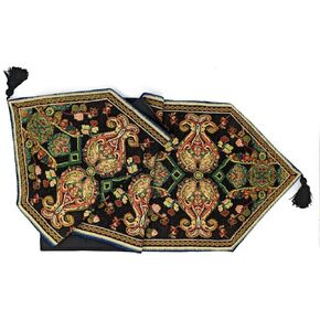 Tache Rococo Elegant Ornate Black Green Paisley Dining Cotton Linen Tapestry Woven Table Runner with Tassels 13x54