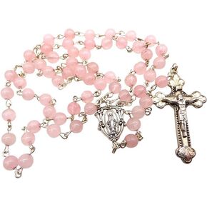 Westmon Works Pink Glass Bead Rosary Deluxe Gift Boxed Set with Metal Crucifix and Hail Mary Prayer Card Made in Italy