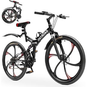 Outroad 26 Inch Folding Mountain Bike, 21 Speed Full Suspension High-Carbon Steel MTB Foldable Bicycle, Dual Disc Brake Non-Slip Folding Bikes for Adults/Men/Women, Black, Orange and Green