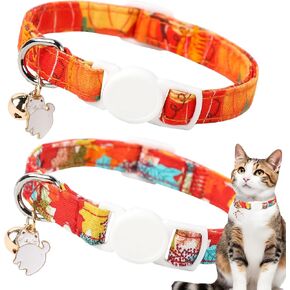 Unique style paws 2 Pack Autumn Halloween Kitten Collar Breakaway with Bell&Pendant, Adjustable Safety Coloeful Orange Brown Grid Cat Cotton Collar for Girl Boy Cat and Small Pet in Kuwait