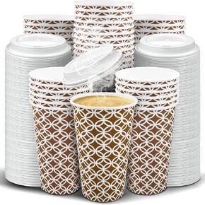 Ginkgo 100 Pack Disposable Coffee Cups with Lids 12 oz, Minimalist Pattern To Go Paper Coffee Cups, Hot Chocolate CoCoa Cups Suitable for Travel, Party, Shops Cafes and Daily use