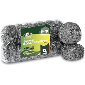 12 Pack Stainless Steel Scourers by Scrub It – Steel Wool Scrubber Pad Used for Dishes, Pots, Pans, and Ovens. Easy scouring for Tough Kitchen Cleaning. (Large (50 gram))