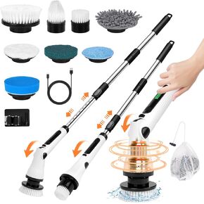 Electric Spin Scrubber,6 Adjustable Angles & Multiple Adjustable Lengths,2 Speeds & 8 Brush Heads,Bathroom Scrubber for Bathtub,Shower Scrubber with Long Handle,for Tile,Floor,Window