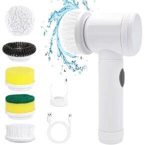 Electric Spin Scrubber，Cordless Spin Scrubber with 5 Replaceable Brush Heads for Bathtub, Floor, Sink，Wall, Tile, Toilet，Car, White, W-001 in Saudi Arabia