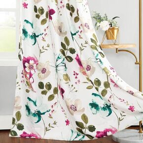 VOGOL Colorful Floral Curtains & Drapes, Farmhouse Botanical Watercolor Floral Plant Printed White Window Treatments for Glass Door Nursery Bedroom, 52 x 96 Inches, 2 Pcs