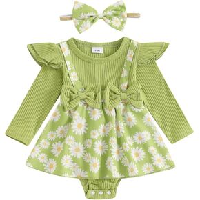 Baby Girl Fall Outfit Newborn Floral Romper Dress Infant Ruffle Long Sleeve Ribbed Bodysuit Winter Clothes Set