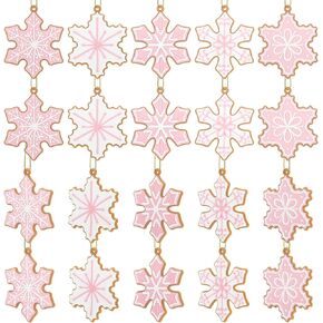 20 Pcs Christmas Gingerbread Snowflake Ornaments Mini Tree Hanging Decorations Silicone Pink Christmas Ornaments Blue Xmas Gingerbread Ornaments with Ropes for Christmas Tree Winter Crafts (Pink)