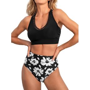 CUPSHE Women's Bikini Sets Two Piece Bathing Suit High Waisted V Neck Wide Straps Racerback Cutout Back Swimwear
