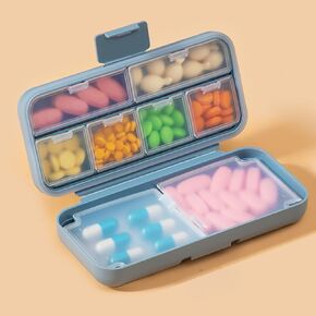 Large Travel Pill Organizer - 8 Compartment Pill Box, Easy to Carry Pill Case, Tightness and High Fit Pill Container, Vitamin Travel Case Pill Holder - Airtight & Moistureproof (Blue)