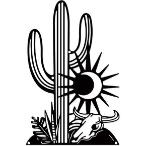 NBEADS Cactus Wall Decor, Iron Wall Sculpture with Screws Black Metal Art Ornament Plants Bull Decorative Sun Moon Wall Hanging Artwork for Living Room Indoor Outdoor Home