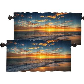 Batmerry Sunrise Beach Sunset Kitchen Valances Half Window Curtain, Beautiful Sunset Over The Ocean Tropical Palm Kitchen Valances for Windows Valance for Decor Reducing The Light 2 Pack 52x 18 inch