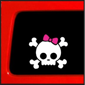 Sticker Connectoin | White Skull Bones Pink Bow | Bumper Sticker Decal for Car, Truck, Window, Laptop | 3.7"x4.4" (White)