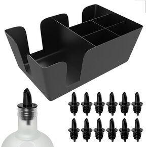 Esatto Bar Products Triangular Plastic Bar Caddy With Multifunctional Compartments, Professional Bar Tool Used to Easily Organize Bar Items and Workspace, Black, With 12 Black Plastic Pourers Included