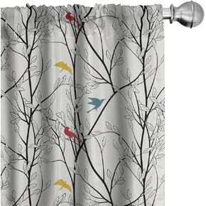 Ambesonne Forest Window Curtains, Woodland Inspired Abstract Design Leafy Tree Branches and Colorful Birds, Lightweight Decor 2-Panel Set with Rod Pocket, Pair of - 28" x 63", Coconut White