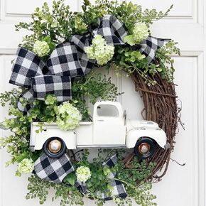 14" Merry Christmas Decorations Wreath, Rustic Rattan Black and White Buffalo Plaid Bow Truck Flowers Wreath Holiday for Front Door Hanging Porch Home Window Wall Farmhouse Indoor Outdoor
