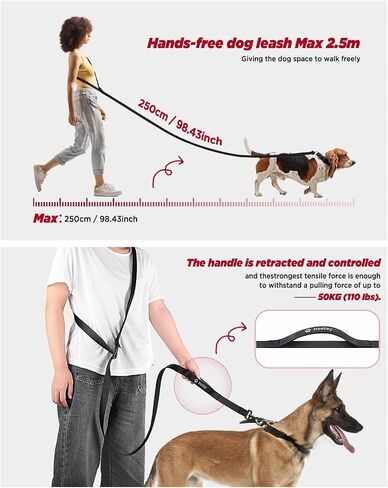 Hands Free Dog Leash,8.2ft Crossbody Dog Leash with Hanging Strap/Hanging Buckle/Poop Bag Holder/Explosion-Proof Handle,Adjustable Crossbody Rope for Dogs Walking,Jogging and Running,18-110lbs,Black in Saudi Arabia