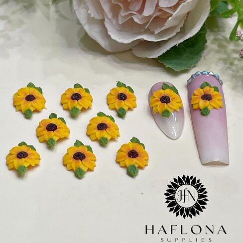 Set 10Pcs 3D Sunflowers Flower Nail Art Handmade by Acrylic Powder Design Floral Salon Decor,3D -Flowers -Nails -Charms -For Women Girls (Half Sunflower 2# 10PCs) in Saudi Arabia