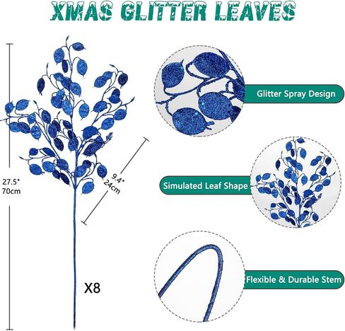 8 Pcs Christmas Tree Picks and Sprays Navy Blue Glitter Christmas Picks 26.8" Christmas Glitter Eucalyptus Leaves Stems for Christmas Tree Filler Branches Wreaths Centerpieces Holiday Decorations in Kuwait