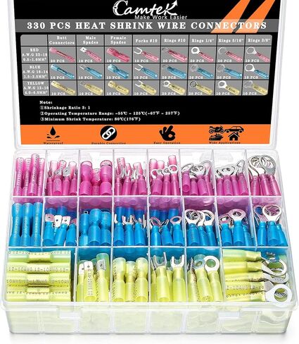 330 قطعة من موصلات الأسلاك المنكمشة بالحرارة، موصلات مؤخرة منكمشة بالحرارة من الدرجة البحرية، طقم أطراف أسلاك كهربائية مقاومة للماء 22-10 AWG معزولة بحلقة شوكة ووصلات لشاحنة القوارب in Kuwait