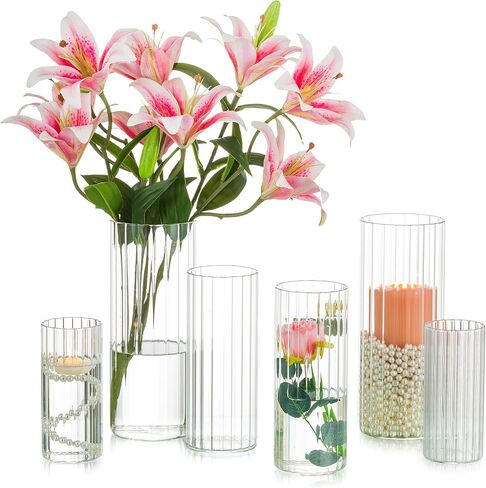 Inweder Glass Cylinder Vases for Centerpieces - Set of 6 Tall Clear Vase, Glass Candle Holders for Pillar Candles, Hurricane Candle Holder, Floating Candle Vases for Wedding, Home Decor, 6, 7.8, 10'' in Saudi Arabia