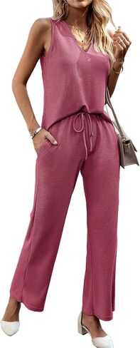 Kate Kasin Womens 2 Piece Outfits Lounge Sets Ribbed Knit Sleeveless Summer Pajamas Sets with Pockets Purple in Saudi Arabia