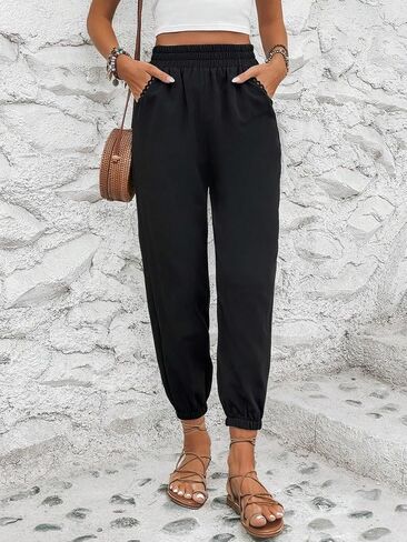 Milumia Women's Casual Joggers Elastic High Waist Crop Pants Trousers with Pocket in Saudi Arabia