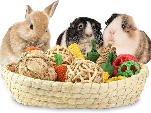 Rabbit Toys 33Pcs, Natural Hay Hamster Chew Toys for Teeth, Handmade Dried Sweet Teething Grass Sticks Watercress Carrot for Chinchillas Bunny Small Animals in Saudi Arabia