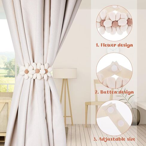 2PCS Curtain Ties Flower Curtain Buckles, Simple and Elegant Sunflower Curtain Tie Cute Flower Curtain Ties Decorative Rope Japanese Curtain Ties for Bedroom Window Treatment Home Cafe Balcony, White in Saudi Arabia