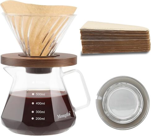 Pour Over Coffee Maker, 20 oz V60 High-Heat Borosilicate Glass Coffee Maker with 100pcs Paper Filters, 5 in 1 Drip Coffee Maker Set for Home Café Restaurant and Camping - 600ml, Gray in Kuwait
