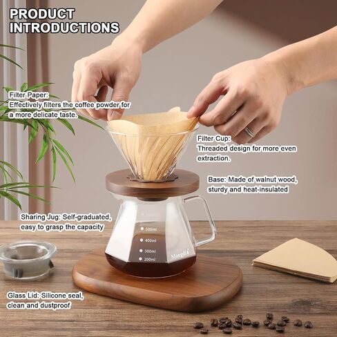Pour Over Coffee Maker, 20 oz V60 High-Heat Borosilicate Glass Coffee Maker with 100pcs Paper Filters, 5 in 1 Drip Coffee Maker Set for Home Café Restaurant and Camping - 600ml, Gray in Kuwait