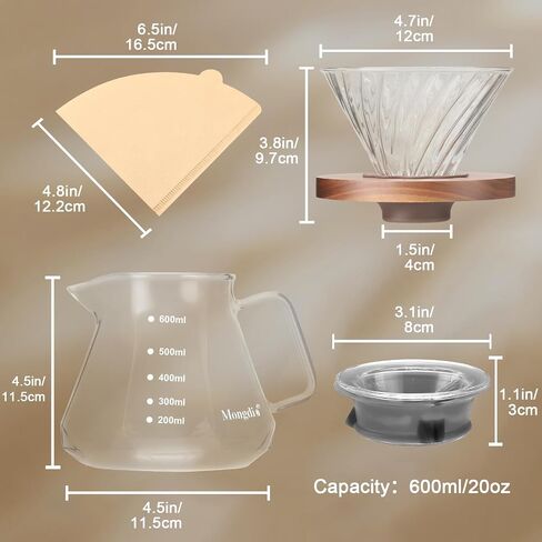 Pour Over Coffee Maker, 20 oz V60 High-Heat Borosilicate Glass Coffee Maker with 100pcs Paper Filters, 5 in 1 Drip Coffee Maker Set for Home Café Restaurant and Camping - 600ml, Gray in Kuwait