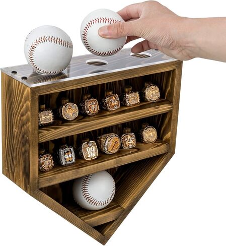 MyGift 12 Peg Wall Mounted Vintage Gray Solid Wood Baseball Diamond Championship Ring and Game Ball Display Case with Premium Clear Acrylic Stands for Baseballs in Saudi Arabia
