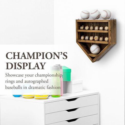 MyGift 12 Peg Wall Mounted Vintage Gray Solid Wood Baseball Diamond Championship Ring and Game Ball Display Case with Premium Clear Acrylic Stands for Baseballs in Saudi Arabia