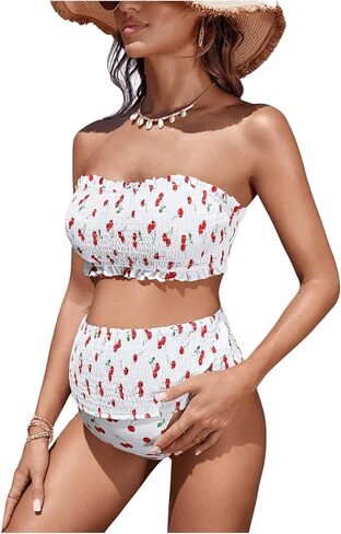 MakeMeChic Women's Maternity 2 Piece Bandeau Bikini Set Cherry Print Smocked Bathing Suit Pregnancy Swimsuits in Saudi Arabia