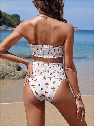 MakeMeChic Women's Maternity 2 Piece Bandeau Bikini Set Cherry Print Smocked Bathing Suit Pregnancy Swimsuits in Saudi Arabia