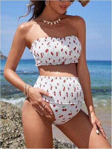 MakeMeChic Women's Maternity 2 Piece Bandeau Bikini Set Cherry Print Smocked Bathing Suit Pregnancy Swimsuits in Saudi Arabia