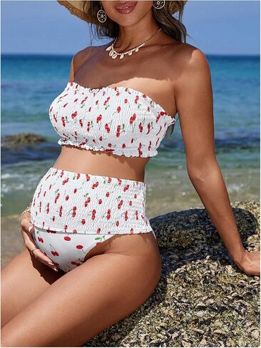 MakeMeChic Women's Maternity 2 Piece Bandeau Bikini Set Cherry Print Smocked Bathing Suit Pregnancy Swimsuits in Saudi Arabia