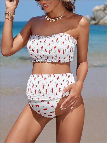 MakeMeChic Women's Maternity 2 Piece Bandeau Bikini Set Cherry Print Smocked Bathing Suit Pregnancy Swimsuits in Saudi Arabia