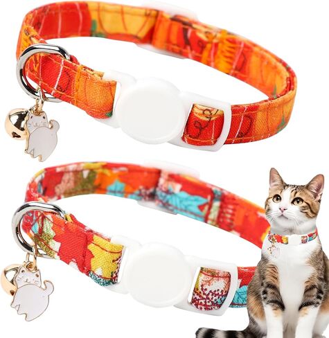 Unique style paws 2 Pack Autumn Halloween Kitten Collar Breakaway with Bell&Pendant, Adjustable Safety Coloeful Orange Brown Grid Cat Cotton Collar for Girl Boy Cat and Small Pet in Kuwait