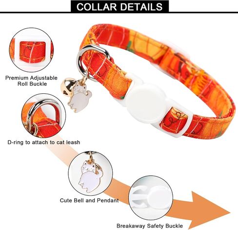 Unique style paws 2 Pack Autumn Halloween Kitten Collar Breakaway with Bell&Pendant, Adjustable Safety Coloeful Orange Brown Grid Cat Cotton Collar for Girl Boy Cat and Small Pet in Kuwait