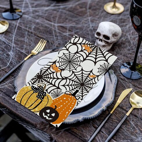 Horaldaily 100 Halloween Disposable Paper Decorative Guest Napkins, Scary Themed Cobweb Pumpkins Hand Towel for Party Lunch Dinner Kitchen Bathroom in Saudi Arabia