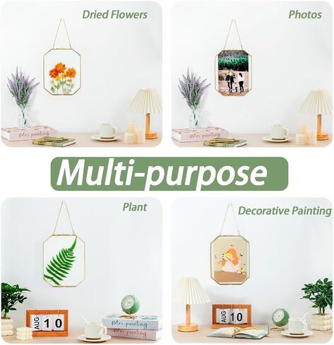 5.83 x 8.07 Inch Double Glass Frame for Pressed Flowers with Chain,Picture, Pressed Dried Flowers, Plant Specimen - Home Wall Hanging Decor, Octagon, Gold, Handmade (Gold-S) in Saudi Arabia
