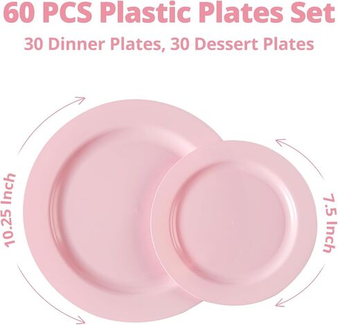 60PCS Pink Plastic Plates, Heavy Duty Disposable Plates for Party & Wedding & Birthday - Include 30PCS 10.25inch Dinner Plates and 30PCS 7.5inch Dessert/Salad Plates in Saudi Arabia