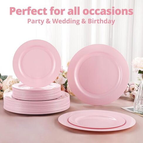 60PCS Pink Plastic Plates, Heavy Duty Disposable Plates for Party & Wedding & Birthday - Include 30PCS 10.25inch Dinner Plates and 30PCS 7.5inch Dessert/Salad Plates in Saudi Arabia