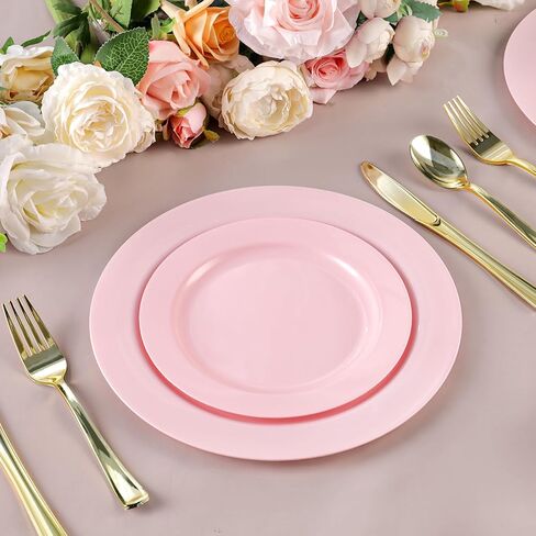 60PCS Pink Plastic Plates, Heavy Duty Disposable Plates for Party & Wedding & Birthday - Include 30PCS 10.25inch Dinner Plates and 30PCS 7.5inch Dessert/Salad Plates in Saudi Arabia