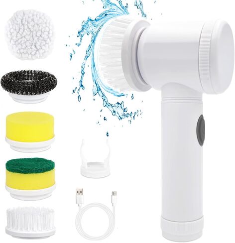 Electric Spin Scrubber，Cordless Spin Scrubber with 5 Replaceable Brush Heads for Bathtub, Floor, Sink，Wall, Tile, Toilet，Car, White, W-001 in Saudi Arabia