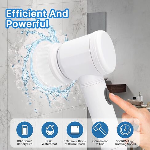 Electric Spin Scrubber，Cordless Spin Scrubber with 5 Replaceable Brush Heads for Bathtub, Floor, Sink，Wall, Tile, Toilet，Car, White, W-001 in Saudi Arabia